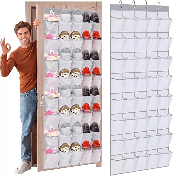Windyun 40 Over the Door Shoe Organizer, Large Mesh Pocket Hanging Shoe Rack Hanger Large Capacity Gray White Behind the Door Storage Holder for Dorm College Closet Entryway Bedroom Utility Women Men