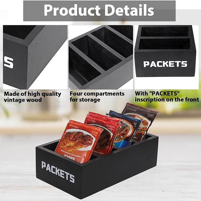 BSTKEY Seasoning Packet Organizer, Food Packet Storage Organizer with 4 Compartments, Black Wooden Storage Caddy for Kitchen Pantry Cabinet, Farmhouse Kitchen Organization Bin for Snacks Spice Packets