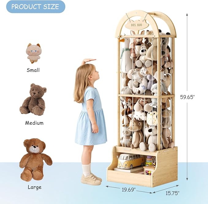 Arched Stuffed Animal Storage Organizer, Wooden Stuffed Animal Zoo Holds 50+ Plush Toys, FSC Pine Wood Plush Toy Holder with Thick Elastic Cords, Open Bottom Cubby for Kids Room Nursery Playroom