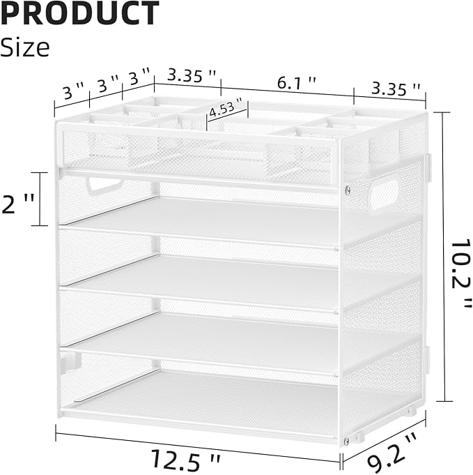 Marbrasse 5 Tier Paper Organizer Letter Tray, Mesh Desk File Organizer with Handle, Paper Sorter Desk Organizer for Home Office Supplies - White, Adjustable
