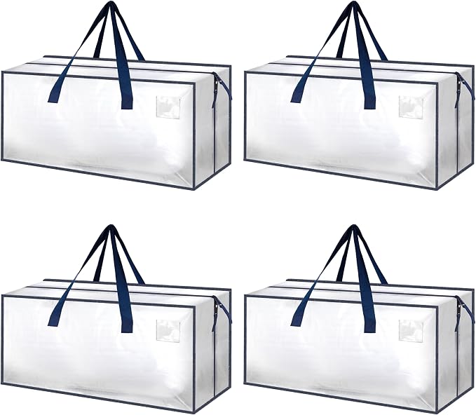 HealSmart 4 Pack Extra Large Moving Bags with Zippers & Carrying Handles, Heavy-Duty Storage Tote Moving Boxes for Dorm Room Essentials Storage Bags, Clear