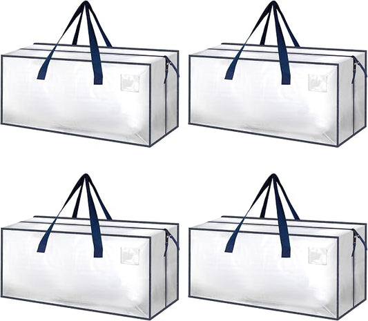 HealSmart 4 Pack Extra Large Moving Bags with Zippers & Carrying Handles, Heavy-Duty Storage Tote Moving Boxes for Dorm Room Essentials Storage Bags, Clear