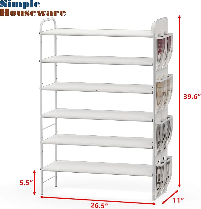 Simple Houseware 6-Tier Shoe Rack Storage Organizer w/Side Hanging Bag, White