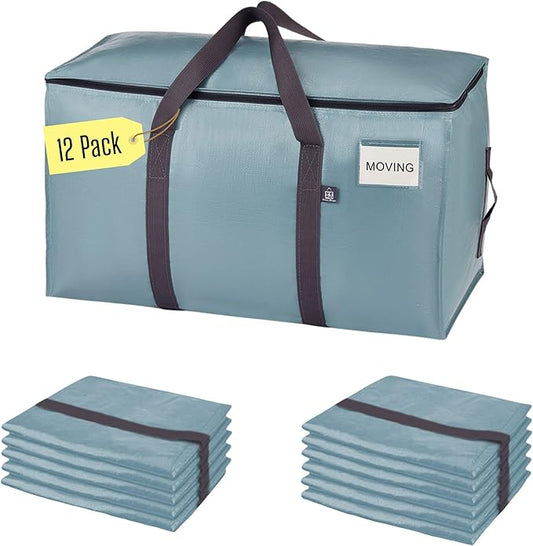 VENO 12 Pack Heavy Duty Moving Bags, 90L Extra Large Moving Boxes Alternative, 50lbs Load,Wraparound Handles,Zippers & Tag,Packing Supplies for College Dorm Essentials, Clothes Storage(Light Blue)