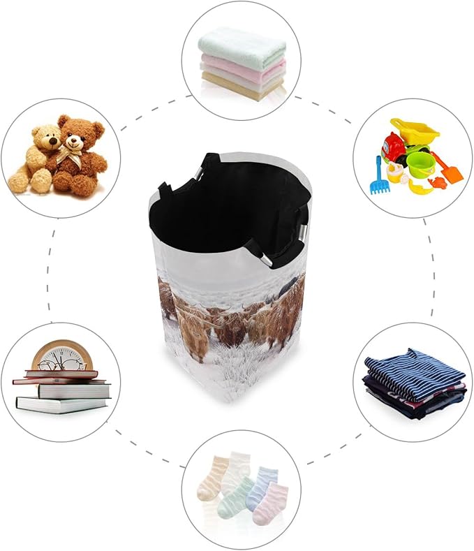 Winter Scottish Highland Cow Large Laundry Hamper Basket, Collapsible Laundry Bag Storage Bins Baskets with Handles for Laundry, Bedroom, Home Decor