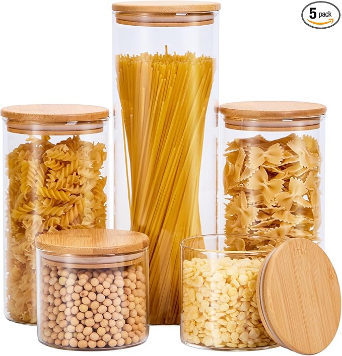 Glass Food Storage Jars with Lids[Set of 5], Perfect for Pasta, Cookies, Nuts, Coffee, Cereal, Flour, Organize Your Kitchen and Pantry with these BPA-Free Glass Jars with Canisters