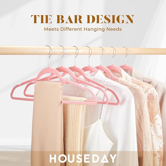 HOUSE DAY Premium Velvet Hangers 60 Pack, Non-Slip Hangers with Tie Bar | Elegance Pink Standard Clothes Hanger Slim Felt Hanger with 360° Swivel Hook for Closet Organized Storage，72g/Pc