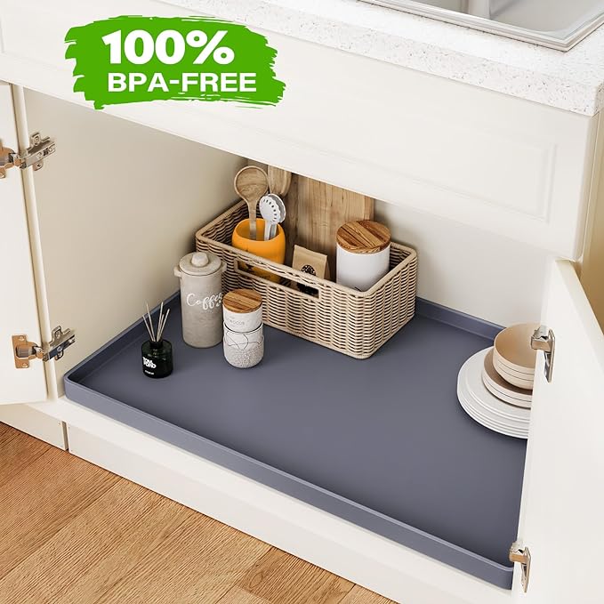 FLATO Waterproof Under Sink Mat 31" x 22" Shelf Liner for Kitchen and Bathroom, Cabinet Protector, Organizers and Storage, Flexible Silicone Drip Tray