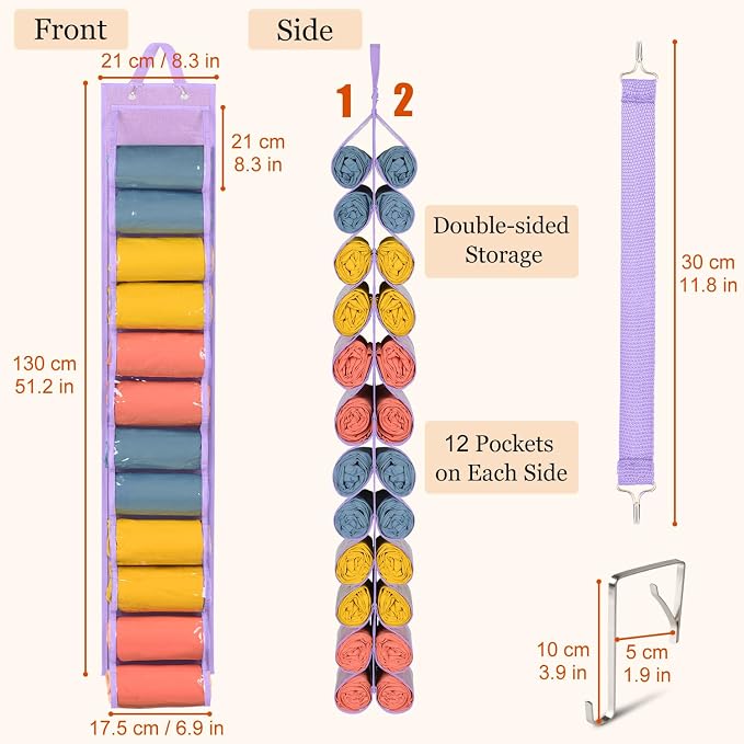 Lirex Hanging Yoga Legging Storage Organizer with 24 Pockets, Foldable Oxford Cloth Hanging Closet Organizer Shirts Jeans Storage Hanger Socks Holder for Family Closet Bedroom, Purple