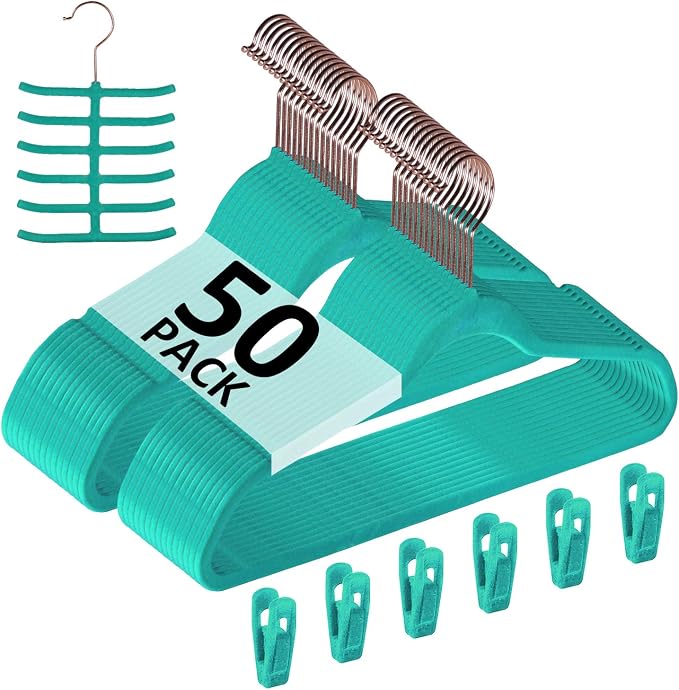 VECELO Premium Velvet Clothes Hangers Suit Heavy Duty (50 Pack)-Non Slip & Space-Saving with 6 Finger Clips & Tie Rack Excellent for Men and Women,Teal