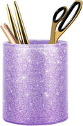 Pen Holder for Women Girls, Pencil Cup Desk Glitter Sturdy Makeup Brush Holder Large Pu Leather Luxury Multi-Functional Organizer Cup for Office, Classroom, Home, Purple