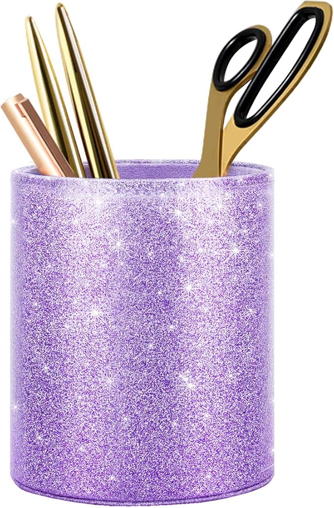 Pen Holder for Women Girls, Pencil Cup Desk Glitter Sturdy Makeup Brush Holder Large Pu Leather Luxury Multi-Functional Organizer Cup for Office, Classroom, Home, Purple