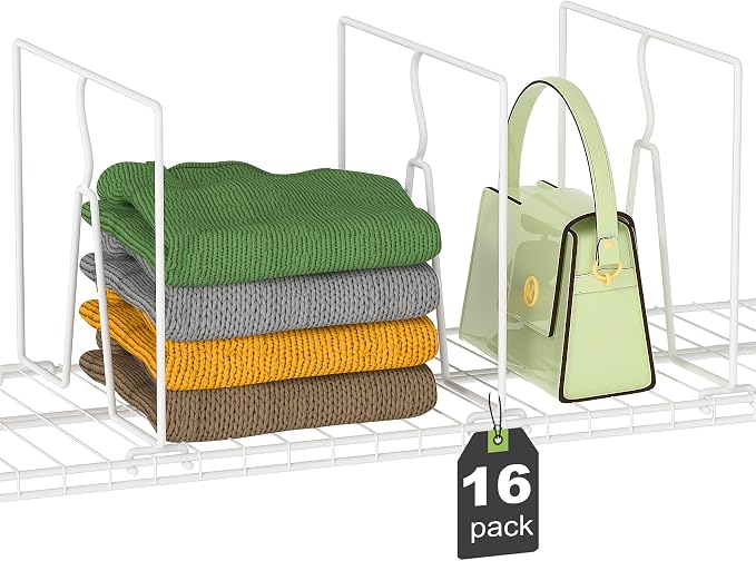 SortNStore Wire Shelf Dividers for Closet: Tall 16 Pack 12-inch Deep Wire Rack Accessories - Adjustable Purse Organizer for Clothes Handbags - Metal Pantry Separators