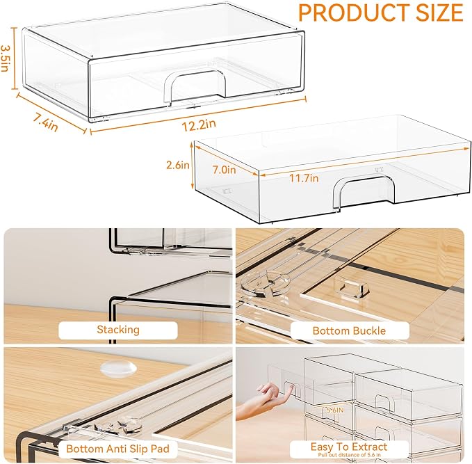 Yieach 12.1''W Clear Stackable Storage Drawers,4Pcs Acrylic Drawer Organizer for Hair Accessories,Makeup Organizers,Plastic Office Supply Organizer for Pen,Pencil,Medicine,Accessory,Craft Organization