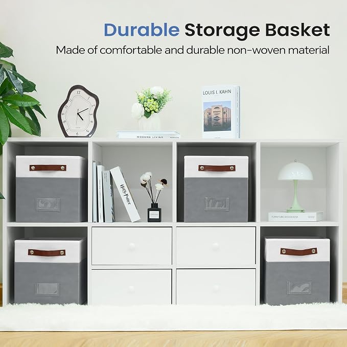 FinishingBo 6-Pack Storage Cubes with Handles & Label Holders Basket, Closet Cube Home Organizer Bins(White/Dark Grey, 10.5*10.5*11 inch)