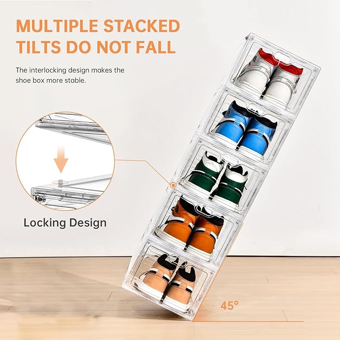INSTY 12 Pack Large Shoe Storage Box, Clear Shoe Storage Organizer with Magnetic Door, Stackable,Shoe Containers For Display Sneakers, Easy Assembly, Fit up to US Size 12, Clear