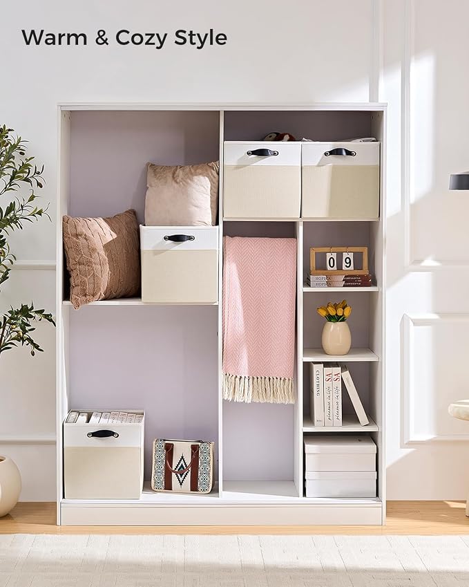 Cube Storage Bins | 11.8"x11.8"x9.8", Beige & White, 6 Pack | Multi-Size | 2X Thick Support Board | Vegan Leather Handles | 7.7 oz/yd² Fabric | 12"x12" Drawer Insert Basket
