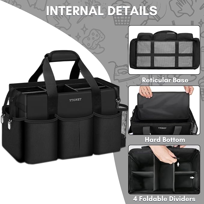 Ytonet Extra Large Cleaning Caddy Bag with 4 Foldable Dividers, Wearable Cleaning Caddy Organizer with Handle & Shoulder Strap & Waist Strap, Housekeeping Tote for Cleaners, Black Grey