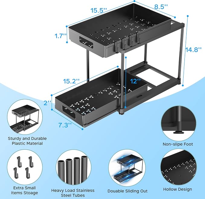 2 Pack Under Sink Organizer with Double Pull-Out Drawer, Black | 2-Tier Cabinet Storage, Kitchen & Bathroom, Tool-Free Assembly, Fits Cleaning Supplies & Toiletries, Space Saving