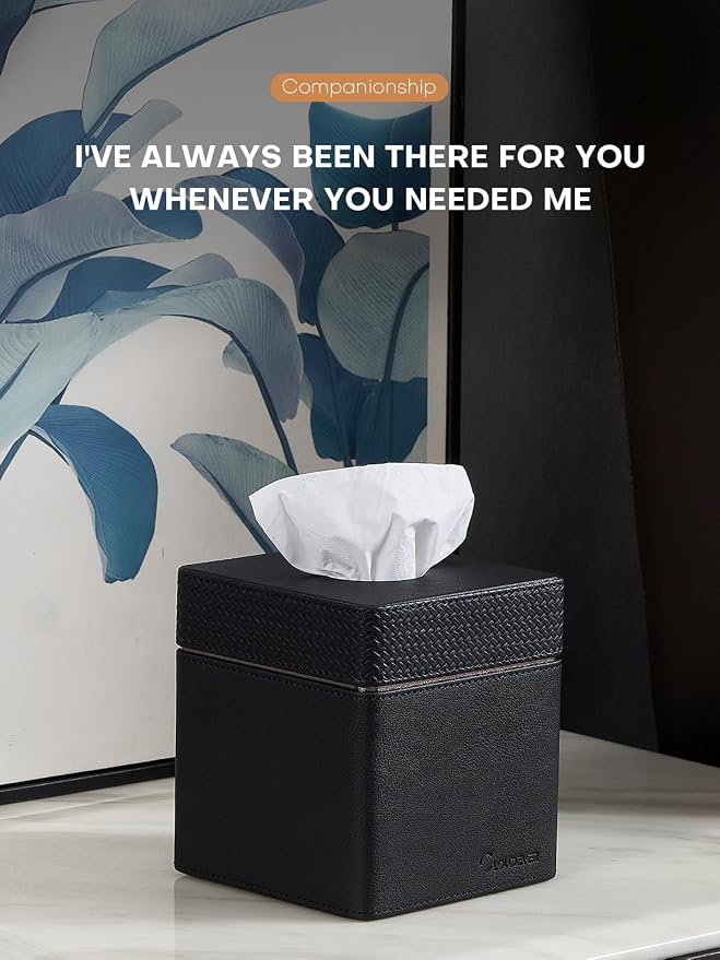 Tissue Box Holder Cover, Modern PU Leather Square Decorative Tissue Holder Organizer-Woven New Black