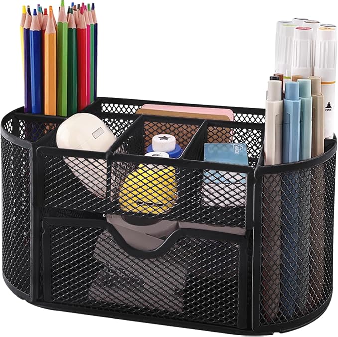 Newkita Desk Organizers and Accessories with Pencil Pen Holder Supply 8 Compartments and 1 Pullout Drawer for Home, School, and Office. (Black)