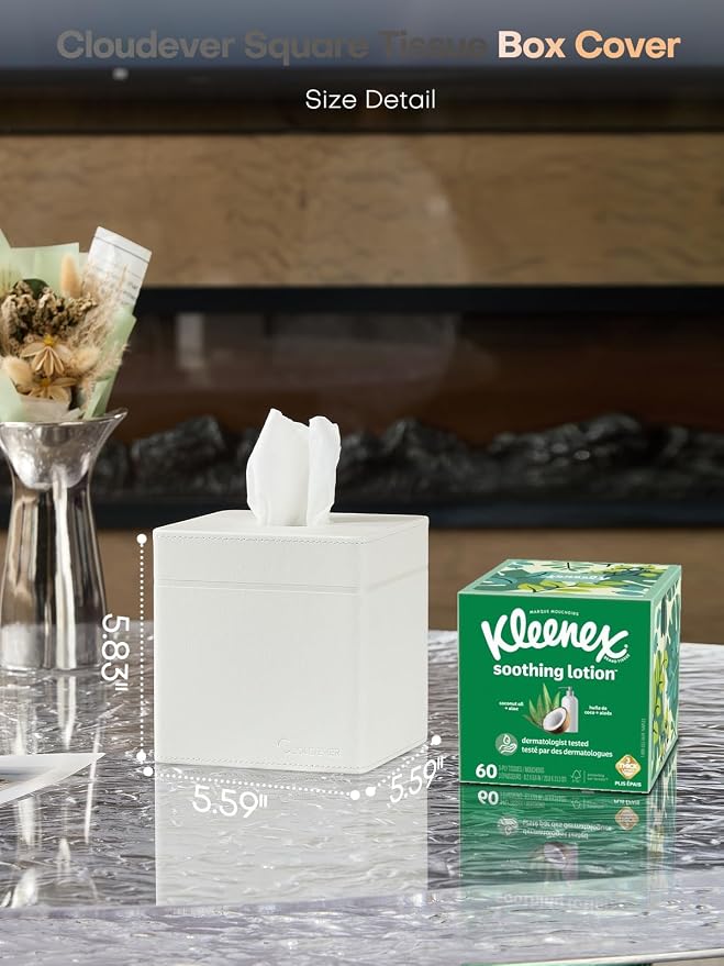 Square Tissue Box Cover Holder with Patented Texture for Kleenex/Puffs Cubes | Desktop & Shelf Decor | Stardust Black/Polar Ice/Liquid Iridium | Patented Metal-Look PU Leather -Polar Ice