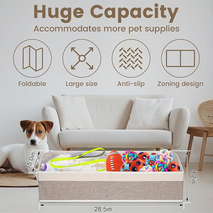 Large Dog Toy Basket with Handle, Foldable Dog Toy Box for Living Room Area , 28.5" Basket for Dog's Supplies, Organizer and Storage with Hard Board, Anti-Slip for Pet Toys (Brown, Large 28.5"×15")
