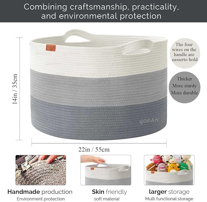 GOCAN Laundry Basket Cotton Rope Woven for Blankets Storage Basket with Handles for Living Room (Mixed Grey)