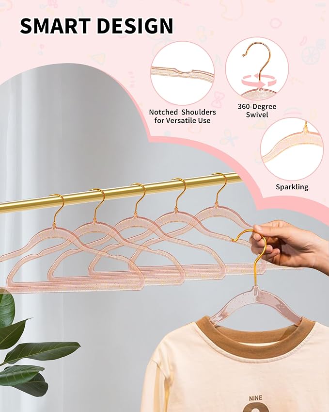 50pcs Slim Clear Toddler Hangers with 10 Connector Hooks for Kid's Closet | Swivel Golden Sparkling Baby Clothes Hangers with Gold Glitter for Infant Coat Outfit, Pink Perchas for Children Gril Nursery