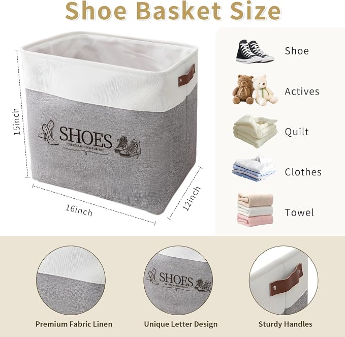 Shoe Basket Organizer, Large Capacity Fabric Entryway Shoe Storage Bin with Handle, Flodable Space-Saving Shoe Basket for Entryway, Hallway, Entryway and Mudroom