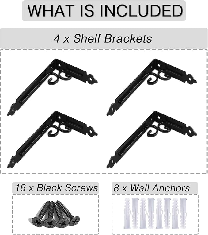 OVOV Shelf Brackets 4 Pcs Heavy Duty Decorative 10 Inch Black Right Angle Shelving Brackets Wall Mounted Shelf Supports for DIY Home Kitchen Living Room