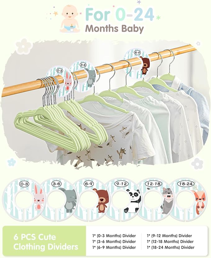 VIS'V Velvet Baby Hangers with 6 Pcs Dividers, 11 Inch, Lime Green, 30 Pcs | Compact Size, Non Slip, Infant Toddler Nursery Closet Organization