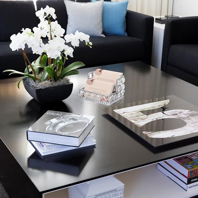 Hipiwe Crystal Business Card Display Holder for Desk with 2-Slot Organizer | Mirrored Base Business Name Cards Storage Holder for Office Countertop, Silver