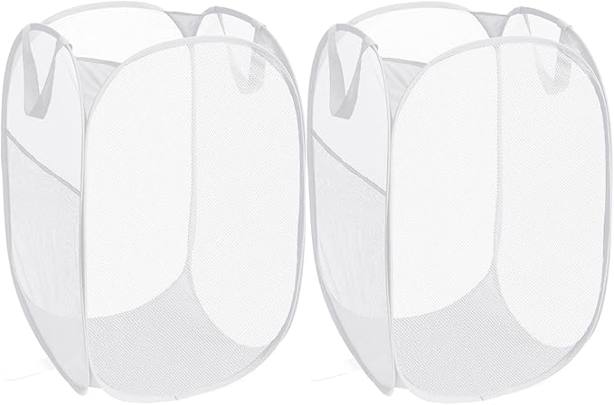 2 Pack Durable Collapsible Laundry Baskets - Reinforced Mesh Pop Up Laundry Hamper with Pocket, Foldable Dirty Clothes Hamper with Carry Handles for Laundry, Bathroom, Kids Room, Dorm or Travel White