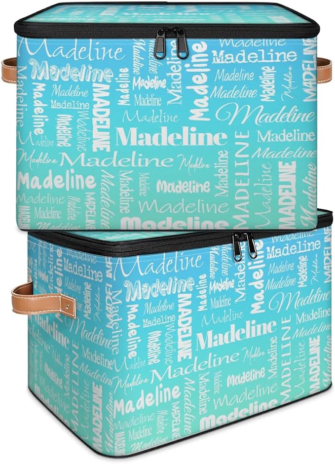 Custom Storage Basket with Name, Personalized Keepsake Box with Zipper Lid, Foldable Fabric Memory Bin Large capacity with Handle Blue Green Gradient