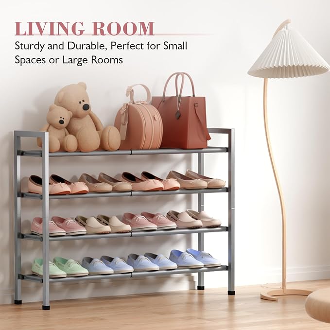 Bumusty 4-Tier Expandable Shoe Rack for Closet, 18“-33” Adjustable Shoe Rack for Small Space, Small Shoe Organizer for Front Door, Sturdy Metal, Light Grey