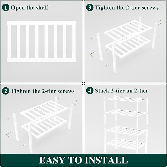 Smiry Bamboo Shoe Rack for Closet, 4 Tier Small Wooden Shoe Organizer, Stackable Wood Shoe Storage Shelf for Entryway, 14 Vertical Slats, 2+2 Stack Heavy-Duty Legs, 17.32"x11.02"x25.98", White