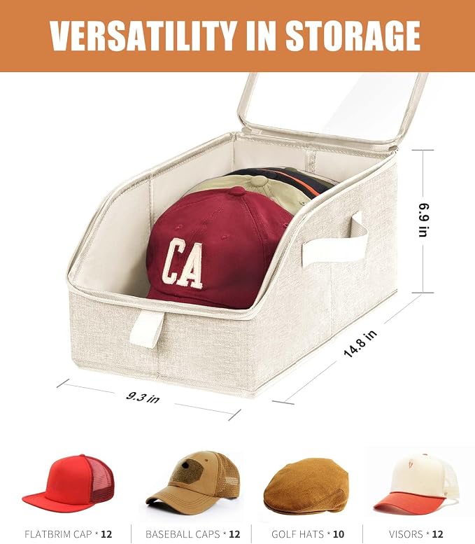 Livelab Hat Organizer for Baseball Caps, Hat Storage Box, Beige | 1Pcs | Clear Window, Space Saving and Easy to Store