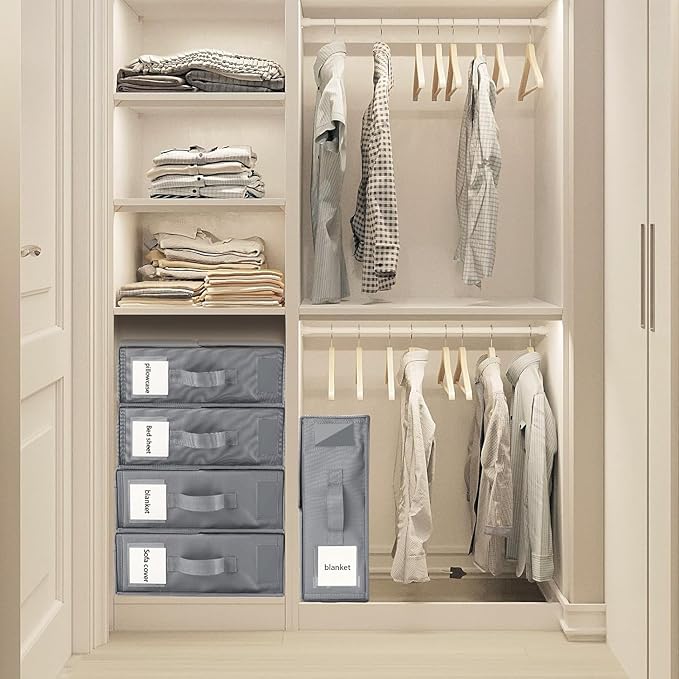 Bed Sheet Organizers and Storage - Foldable Sheet Cube Storage Container with Handles and Labels, Bedding Storage Box for Linen Closet, Wardrobe, Under Bed, Fits King/Queen Sheets, Towels(8 PCS)