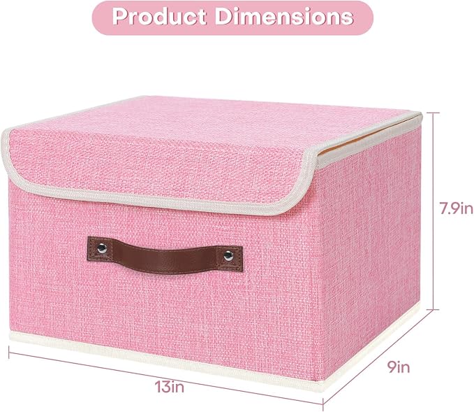 ANMINY 2PCS Storage Bin with Lid Storage Boxes with PU Leather Handles PP Plastic Board Decorative Foldable Lidded Cotton Linen Fabric Home Cubes Baskets Closet Organizer Container - Pink, Medium