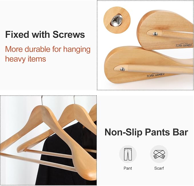 TOPIA HANGER Wide Shoulder Wooden Hangers, Suit Hangers with Non Slip Pants Bar & 360° Swivel Hook, Solid Wood Heavy Duty Coat Hanger, 6 Pack (Natural)-CT02NA