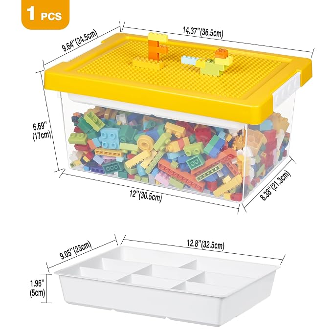 Plastic Storage Bins with Lids - 1 Set Stackable Arts Crafts Organizer Box with Removable Divided Tray &Compatible Building Baseplate,Toy Chest Containers for Bricks-Yellow(14.37"x9.64"x6.69")