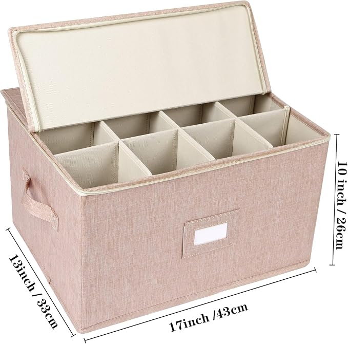 popoly Wine Glass Storage Box 2 Pack, Stemware Storage Containers Cases with Dividers, Stackable Moving Supplies for 24 Wine Glasses, Drinkware, Glassware or Crystal, (Beige)