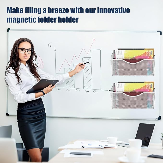 2 Pockets Magnetic File Holder for File Cabinets, Folder Holder Organizer- No Drilling Paper Document Holder, Large Capacity Office Hanging Magazine Rack for Refrigerator, Whiteboard, Office, Kitchen