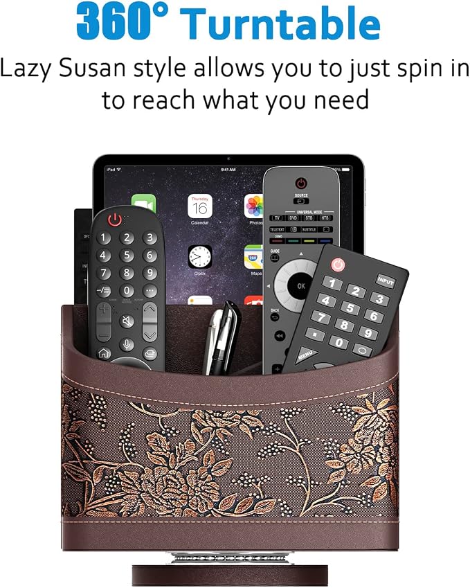 Remote Control Holder for Table, Leather Turntable/Organizer/Caddy for Holding TV Controllers, Phone, and Office Supplies, Perfect Space Saver for End Table/Nightstand/Office Desk(Retro)