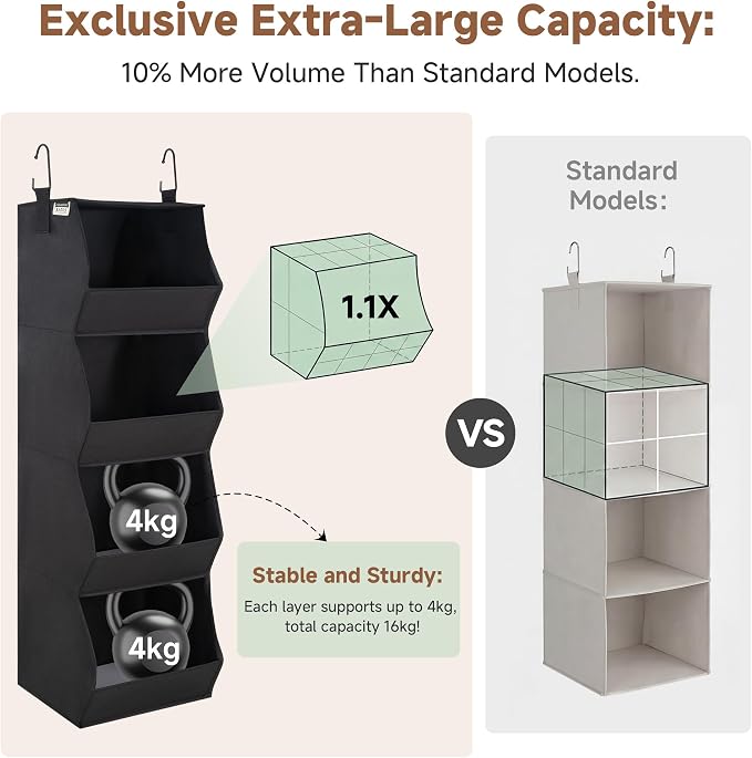 StorageWorks Basics Hanging Closet Organizer, 4-Shelf Wide Trapezoid Closet Shelves with Reinforced Anti-Sagging Support for Sweaters, Hoodies and Handbags, Foldable Storage Organizer, Black