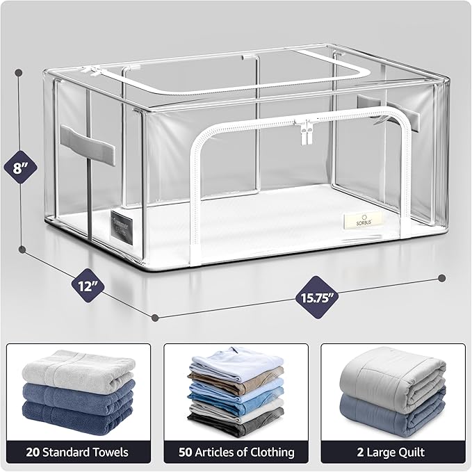 Sorbus Storage Bins with Metal Frame - Stackable & Foldable Clothes Organizer Bags - Clear Soft Plastic Storage Containers (2 Pack, Small)
