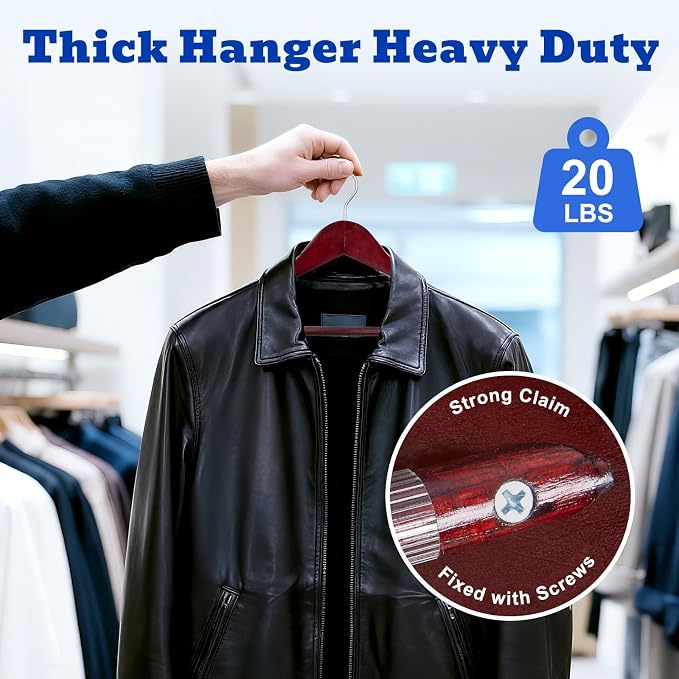 HOUSE DAY Wood Suit Hangers for Men, Wide Shoulder Wooden Hangers with Non Slip Pants Bar, Smooth Retro Finish 360° Swivel Hook Solid Wood Coat Hangers for Heavy Clothes Hanger 6 Pack (Cherry Wood)