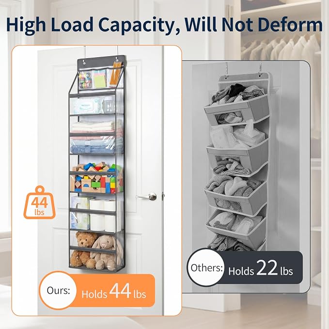 Yecaye 6 Tier Clear Over the Door Organizer, 5 Large PVC Pockets Door Hanger Organizer, 44lbs Capacity Closet Storage for Clothes Stuffed Animals and Cosmetics, Bathroom Bedroom Nursery Dorm RV, Grey