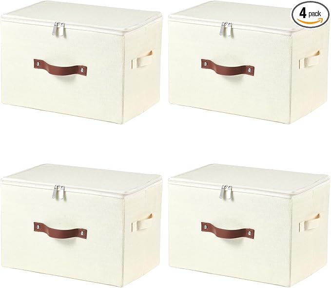 4 Pack Storage Bins with Zipper Lid Cotton Linen Fabric Lidded Storage Baskets Boxes Foldable Washable Closet Shelf Clothes Organizer Container with PU Leather Handles (Beige, Large)
